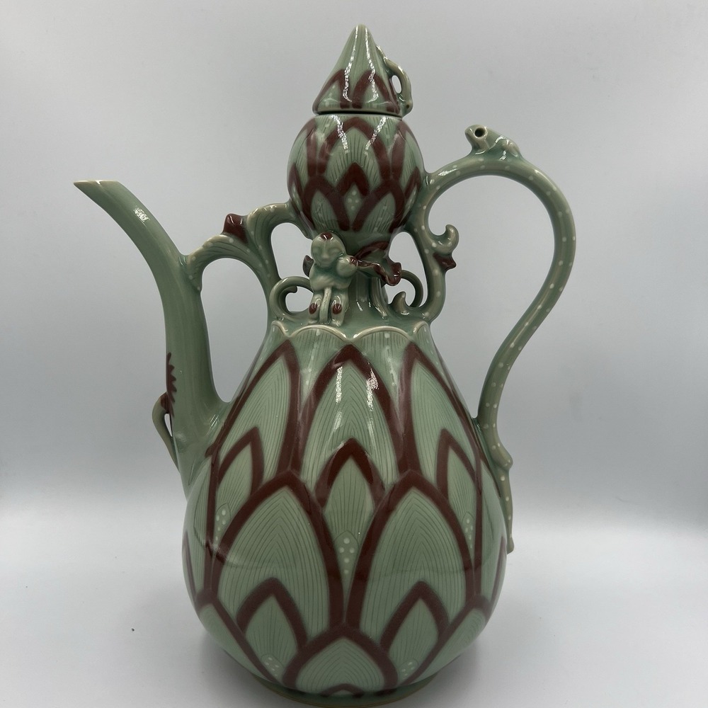VTG Large 12.5" Korean Tea Pot Celadon Green Lotus Petals‎ Hand Crafted